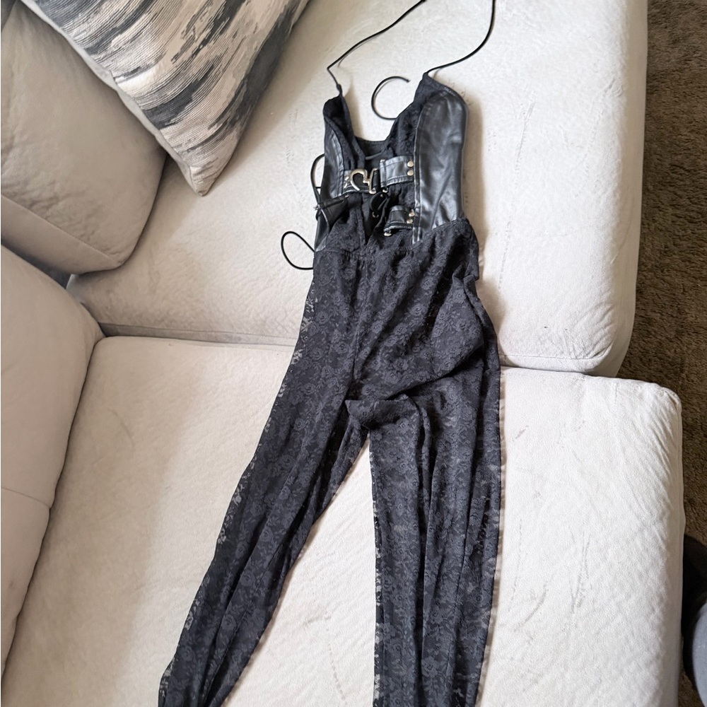 Fashion Nova Black Lace Jumpsuit with Leather Detail